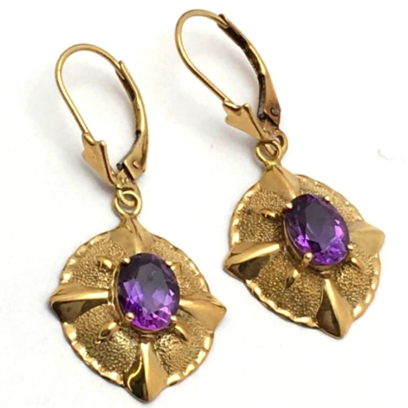 Jewelry - Vintage Amethyst 14K Gold Drop Pierced Earrings